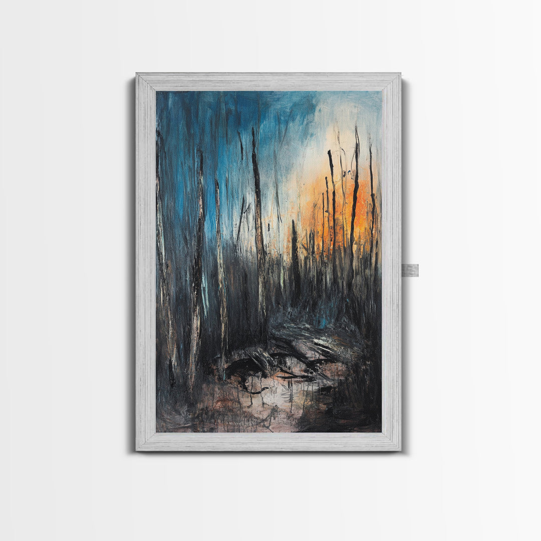Burnt Forest, Forest At Dusk Painting, Moody Art, Nature Wall Art, Dark Landscape Painting, Abstract Forest Art, Framed Canvas Print