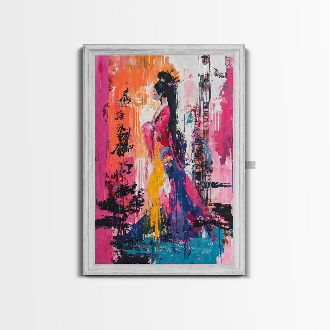 Abstract Geisha, Colorful Woman Art, Japanese Painting, Wabi Sabi Art, Boho Art, Pink Wall Art, Framed Canvas Print, Gift Idea