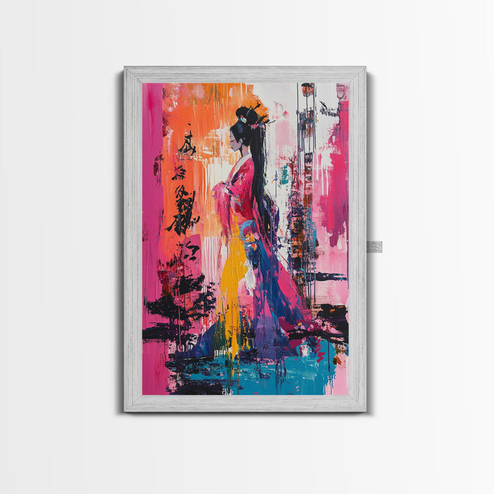 Abstract Geisha, Colorful Woman Art, Japanese Painting, Wabi Sabi Art, Boho Art, Pink Wall Art, Framed Canvas Print, Gift Idea