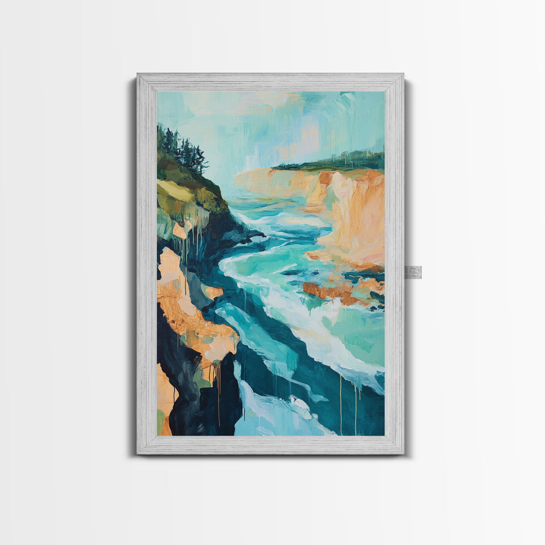 Coastal Cliffs, Nautical Painting, Seascape Painting, Rustic Decor, Extra Wide Art, Above Bed Wall Art, Framed Canvas Print