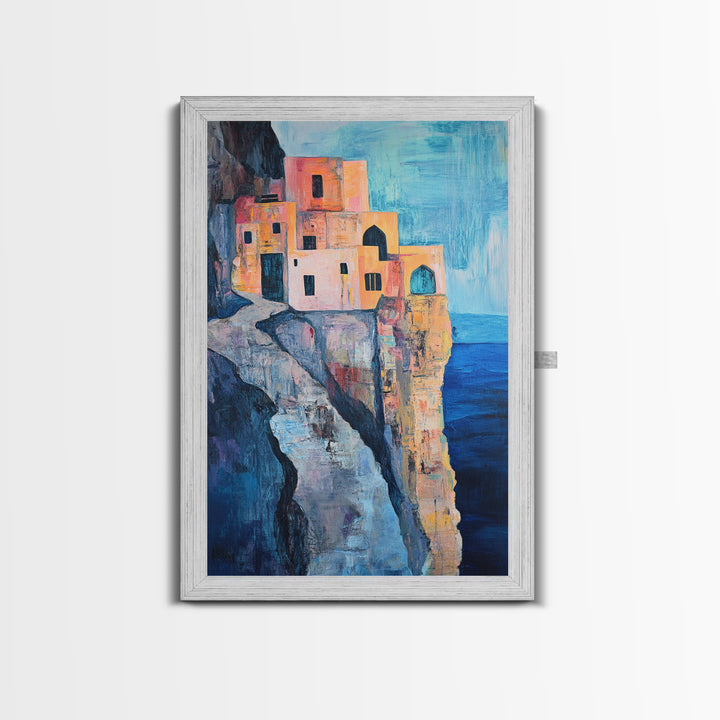 Cliffside Village, Mediterranean Art, Coastal Wall Art, Seascape Painting, Boho Art, Rustic Wall Art, Framed Canvas Print