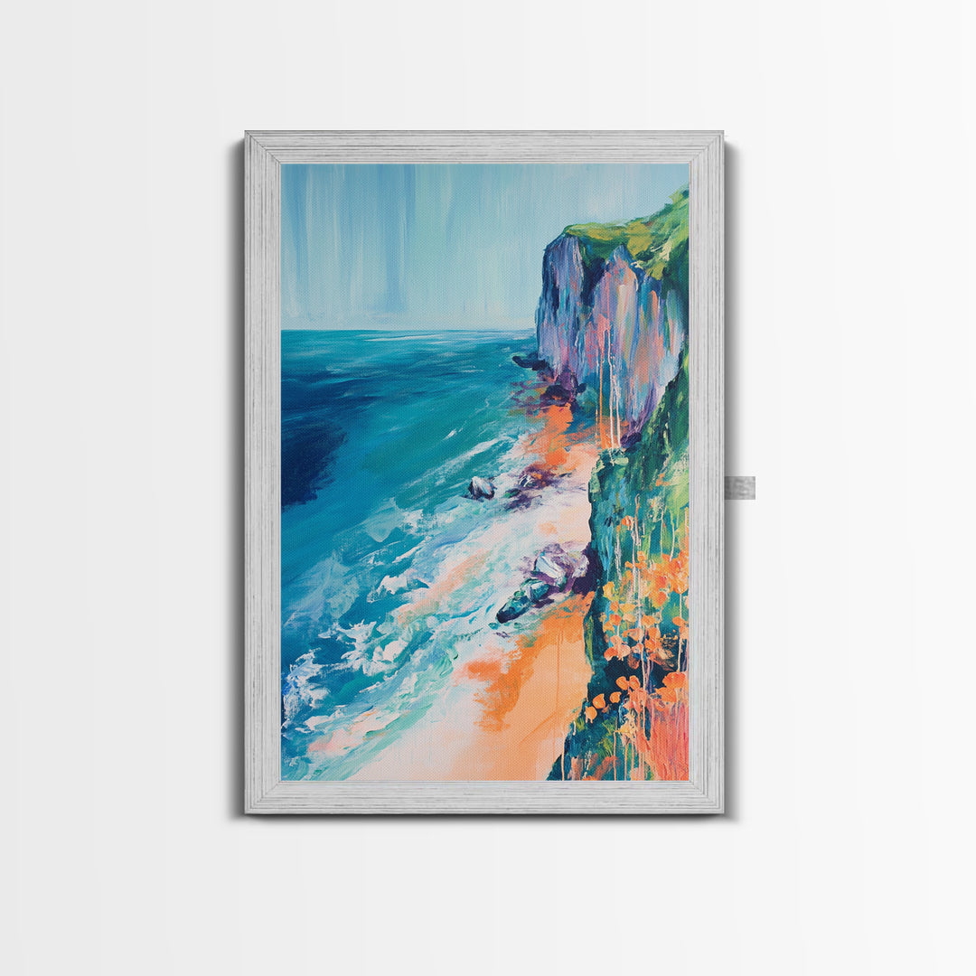 Ocean Cliffs, Coastal Decor, Nautical Wall Art, Landscape Painting, Seascape Painting, California Poppy Art, Canvas Print