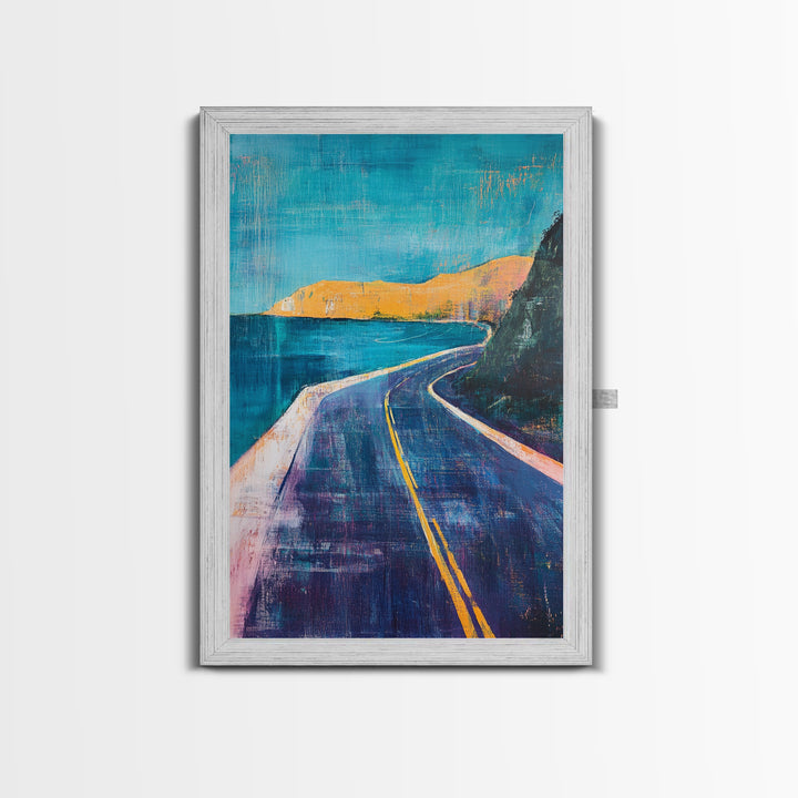 Coastal Highway, surf wall art, coastal decor, scenic road painting, living room art, minimalist art, Framed Canvas Print, gift idea