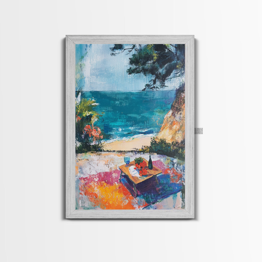 Beach Picnic, coastal cowgirl wall art, nautical decor, food review kitchen art, ocean view, tropical art, Framed Canvas Print, gift idea