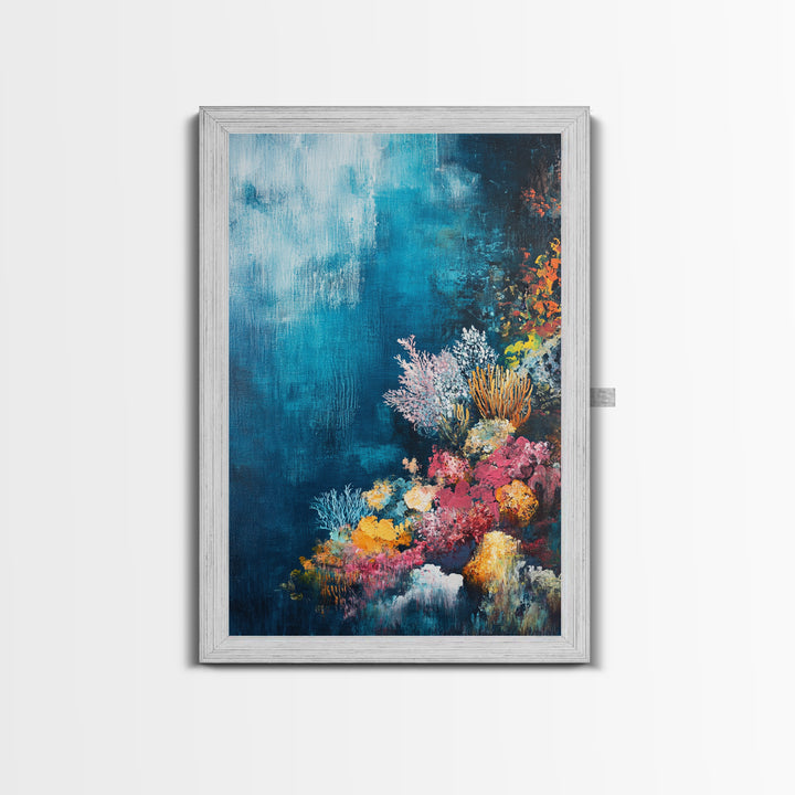Deep Sea Coral, ocean painting, nautical decor, coastal wall art, blue and green wall art, above sofa art, Framed Canvas Print, gift idea