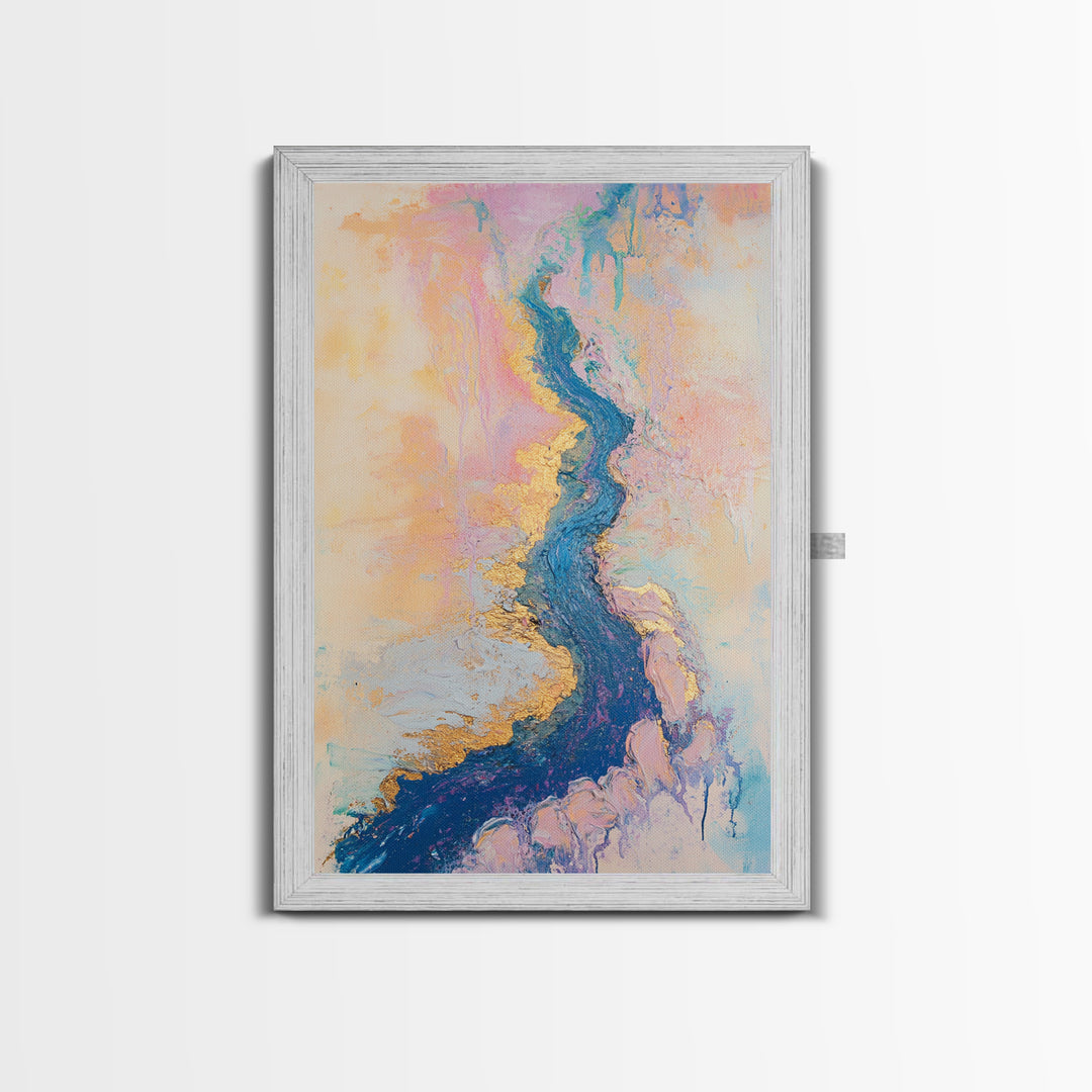 River Gold, gemstone painting, abstract landscape painting, pastel wall art, wabi sabi wall art, Framed Canvas Print, gift idea for her