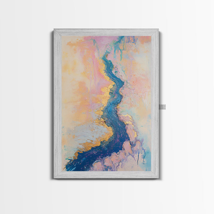 River Gold, gemstone painting, abstract landscape painting, pastel wall art, wabi sabi wall art, Framed Canvas Print, gift idea for her