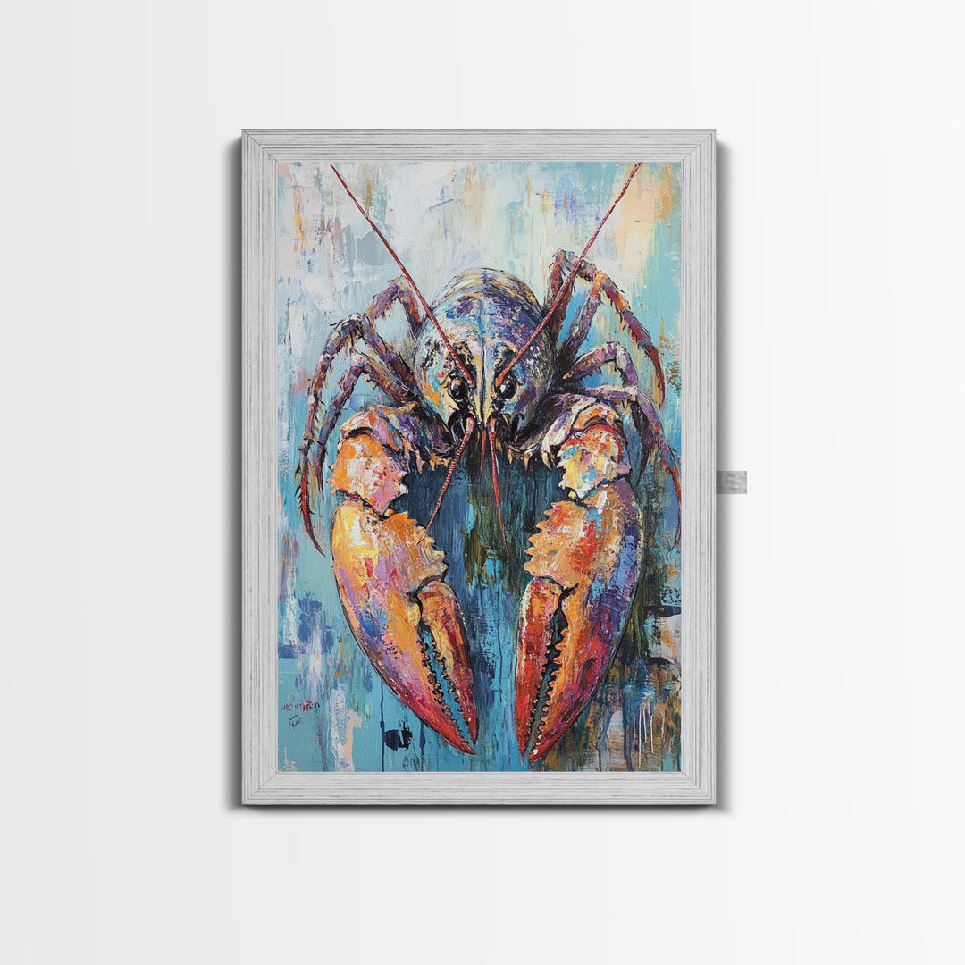 crayfish painting, rustic wall art, framed canvas print, nautical decor, seafood kitchen art, Maine oil painting, farmhouse art