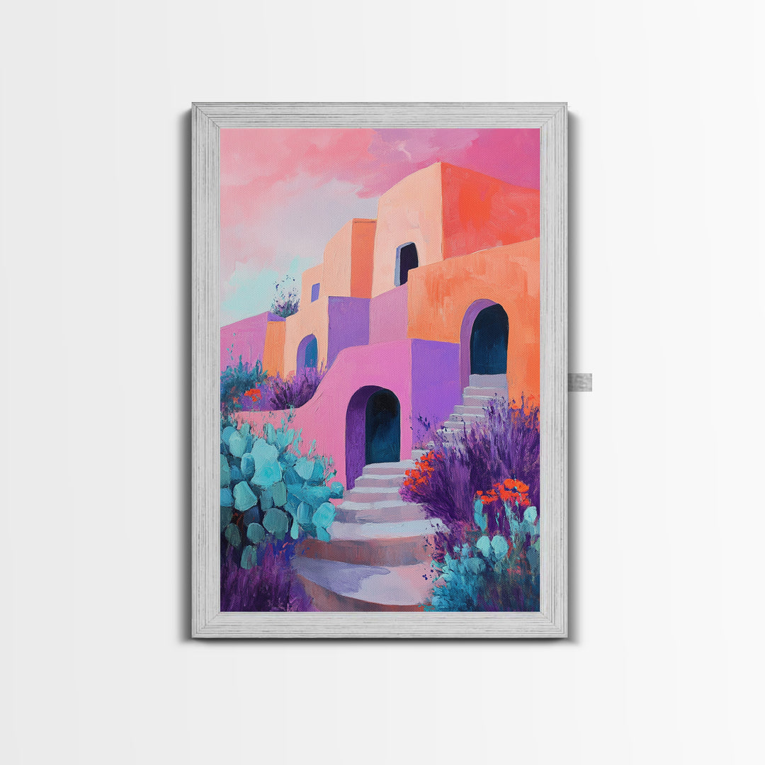 Desert House, Southwest Art, Colorful Adobe Painting, Boho Wall Art, Pink Orange Wall Art, Living Room Art, Framed Canvas Print