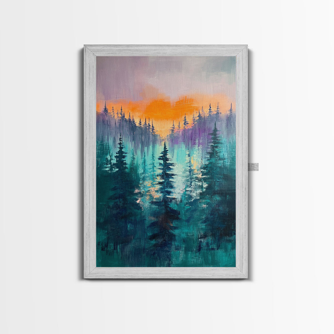 pine tree art, landscape painting, framed canvas print, mountain painting, forest at dusk painting, rustic wall art, gift idea
