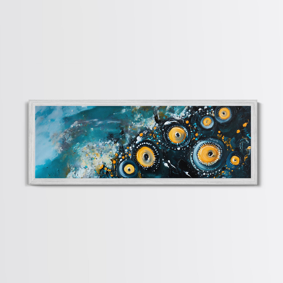 Abstract Cosmic Eye Painting, Modern Celestial Art, Blue and Gold Surreal Wall Decor, Unique Living Room, Framed Canvas Print