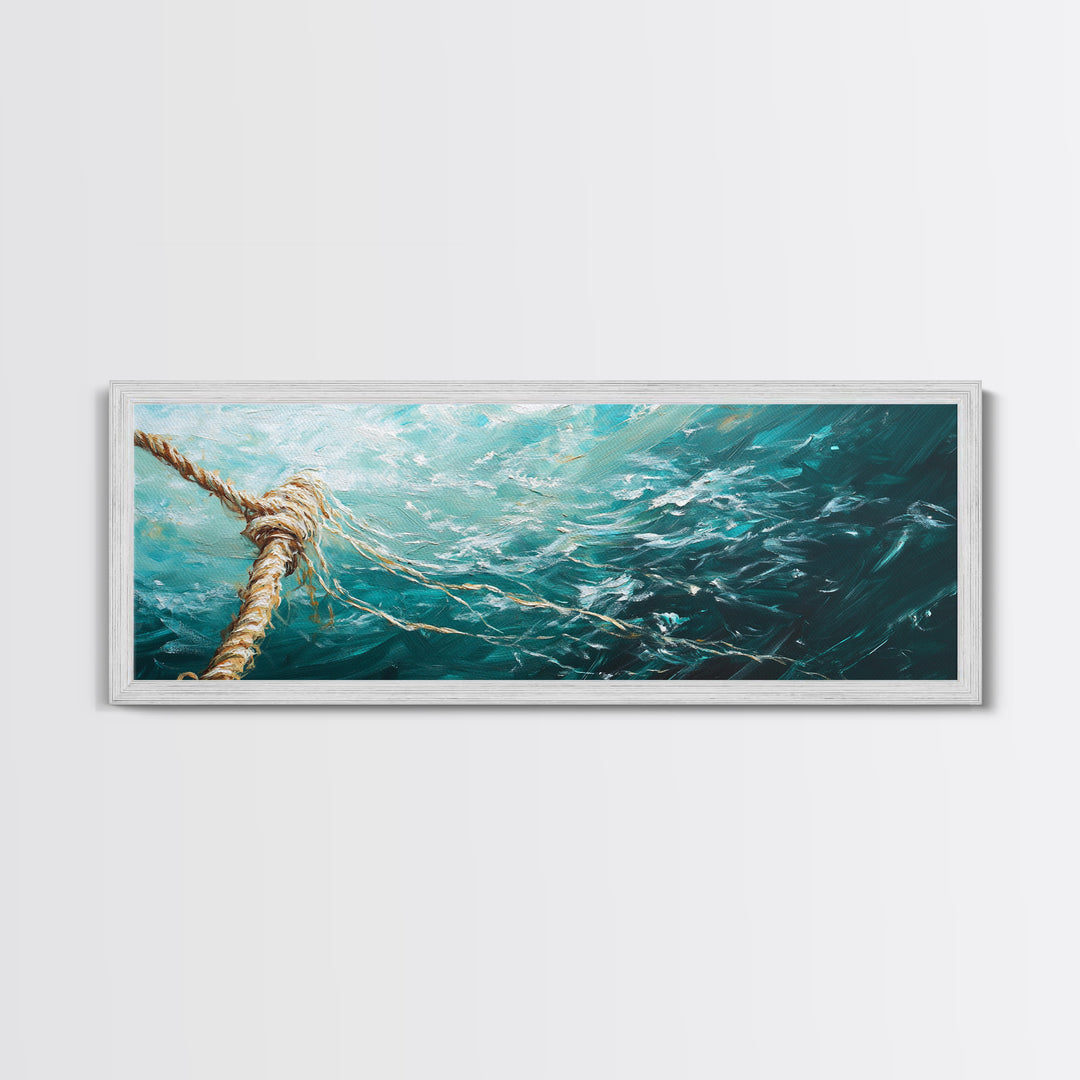 Ocean Rope Waves Canvas Print Nautical Wall Art Beach House Decor Coastal Blue Artwork Framed Seascape Living Room Wall Art
