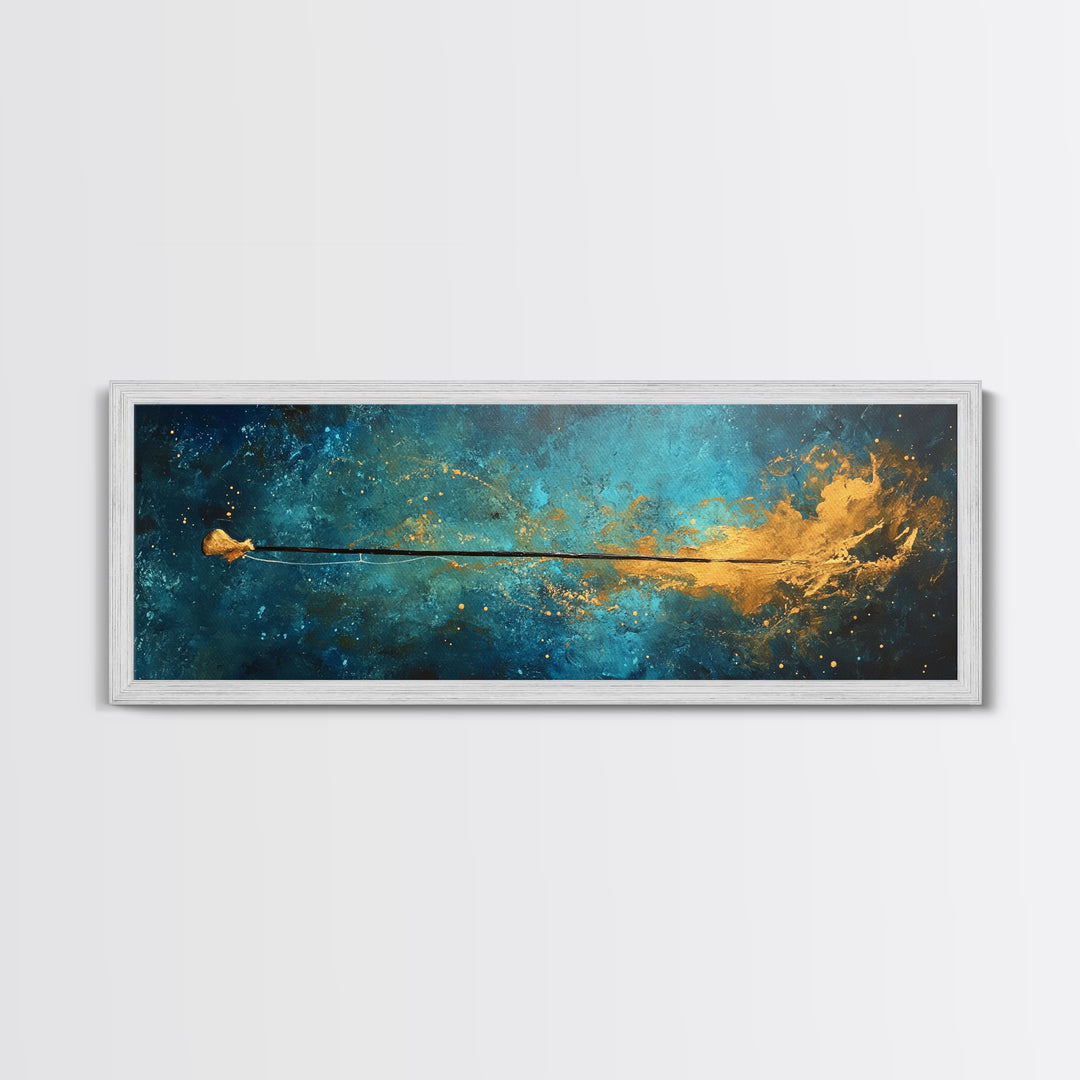 Cosmic Fishing Line Canvas Print Abstract Space Wall Art Gold and Blue Modern Artwork Celestial Decor Living Room Framed Art