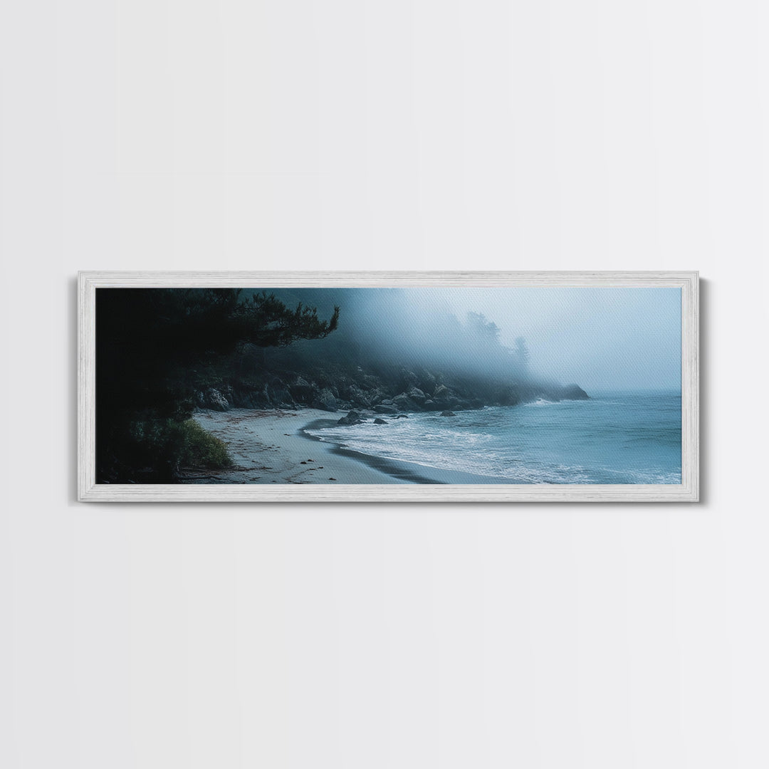 Foggy Beach Framed Canvas Print Moody Coastal Wall Art, Ocean Mist Seascape, Minimalist Nature Print, Tranquil Living Room Decor