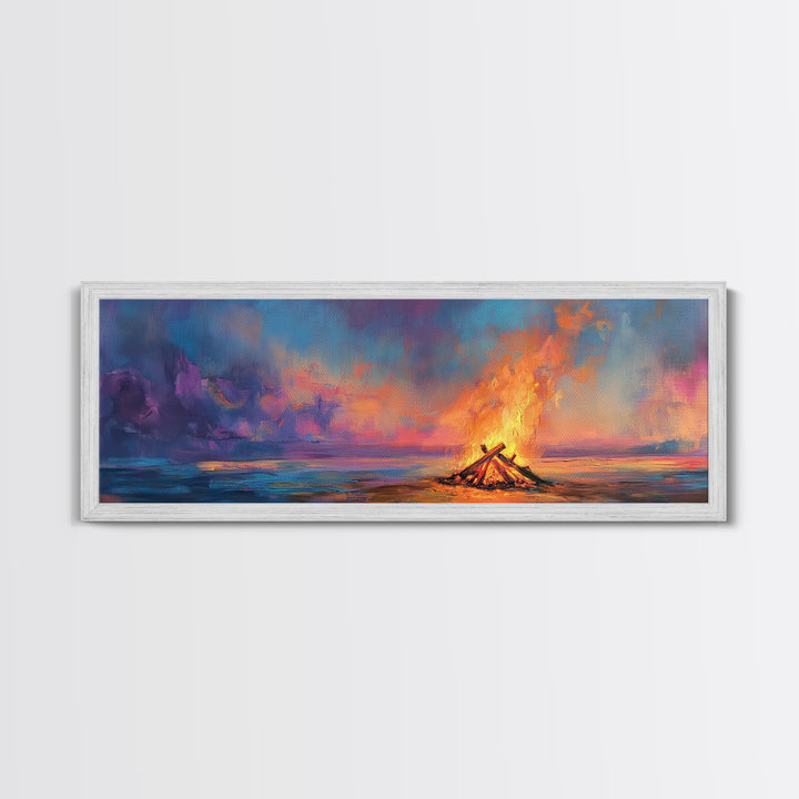 Beach Bonfire Sunset Painting, Vibrant Coastal Seascape Art, Ocean Night Sky Wall Decor, Warm Living Room, Framed Canvas Print