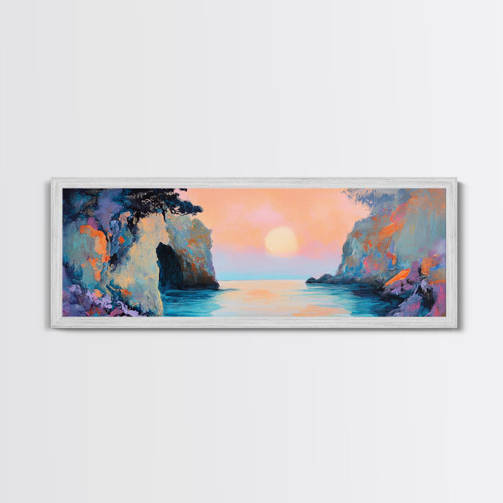Romantic Sunset Bay Framed Canvas Print Coastal Landscape Wall Art Pastel Tones Boho Home Decor Bedroom Living Room Gift