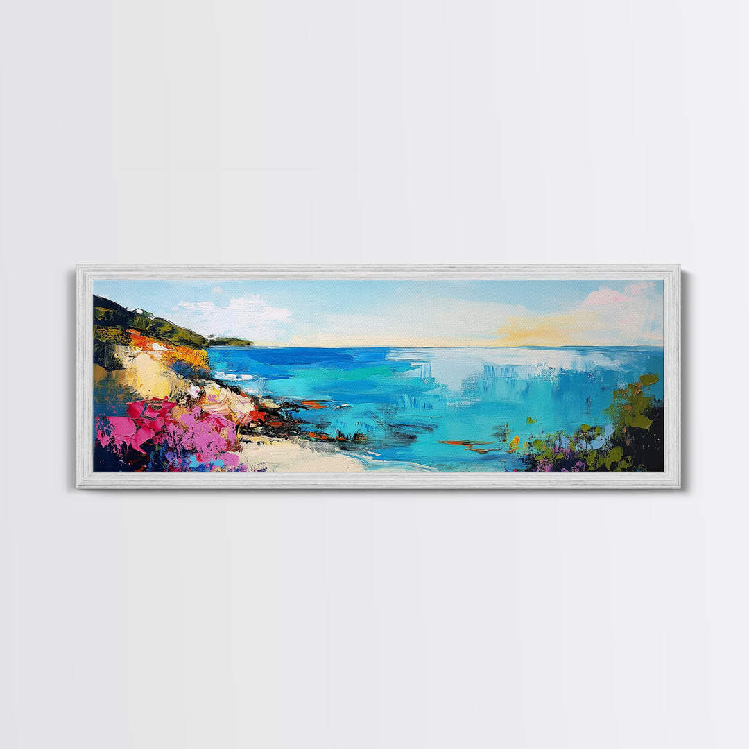 Coastal Cliffside Beauty Framed Canvas Print Impressionist Ocean Wall Art Vibrant Seaside Home Decor Living Room Gift