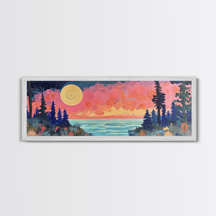 Mystical Moonlight Landscape Framed Canvas Print, Dreamy Forest Art, Boho Sunset Wall Art, Celestial Painting, Living Room Decor