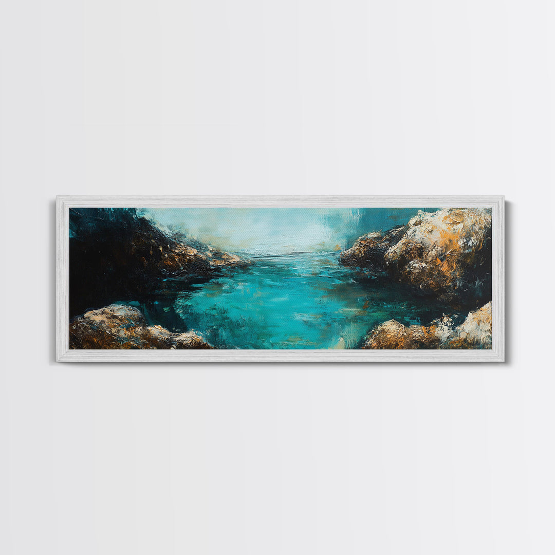Rocky Cove Ocean Art Framed Canvas Print Textured Seascape Wall Decor Coastal Home Accent Nautical Painting Bedroom or Living Room Gift