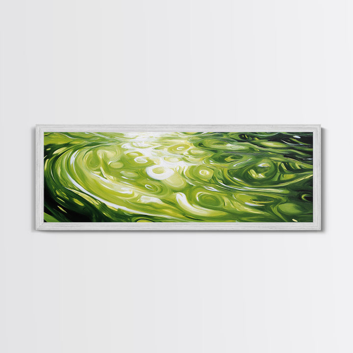 Abstract Green Swirl Painting, Modern Contemporary Wall Art, Nature Inspired Water Reflection, Trendy Office, Framed Canvas Print