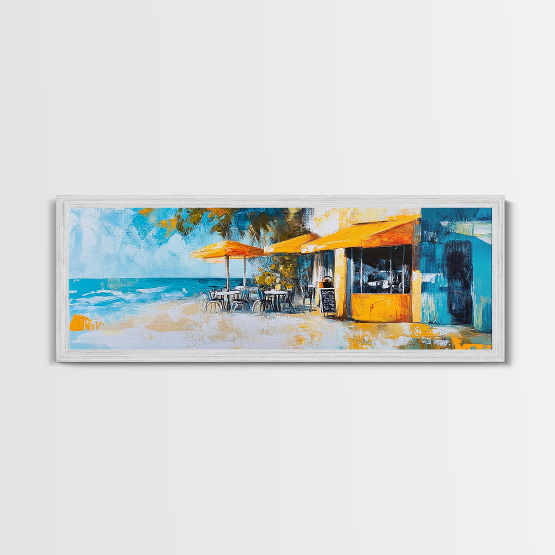 Beachfront Café Painting, Rustic Coastal Restaurant Art, Vibrant Nautical Wall Decor, Warm and Inviting Kitchen, Canvas Print