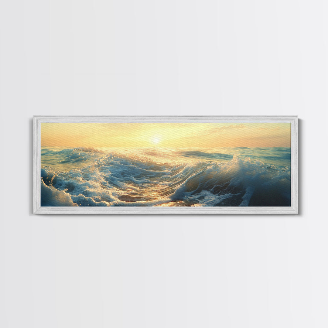 Ocean Sunset Canvas Print Coastal Waves Painting, Golden Horizon Seascape, Nautical Wall Decor, Beach House Art, Bedroom Wall Art