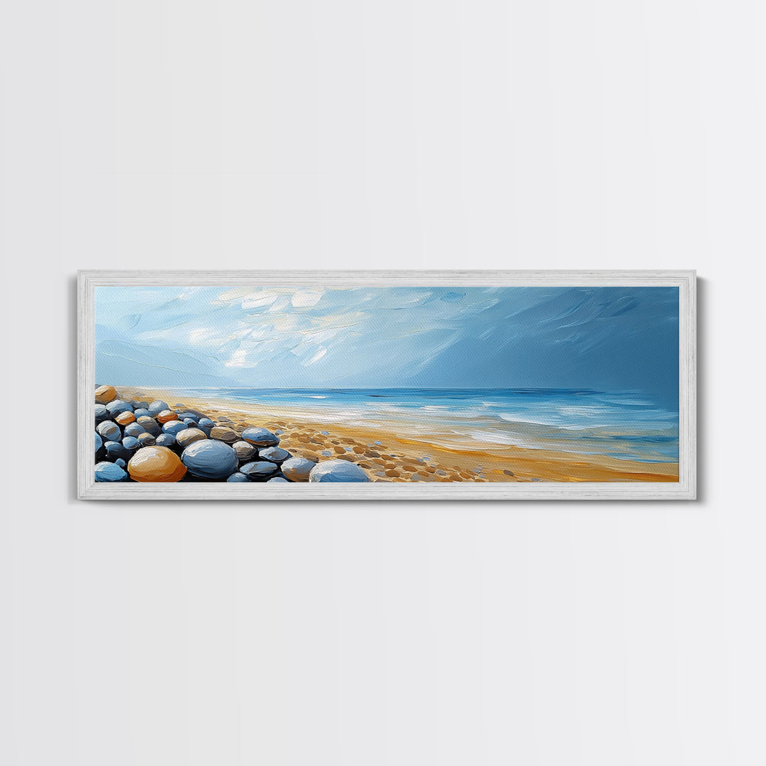 Pebble Beach Seascape Framed Canvas Print Coastal Landscape Wall Art, Serene Ocean Painting, Nautical Bathroom Decor, Minimalist Art