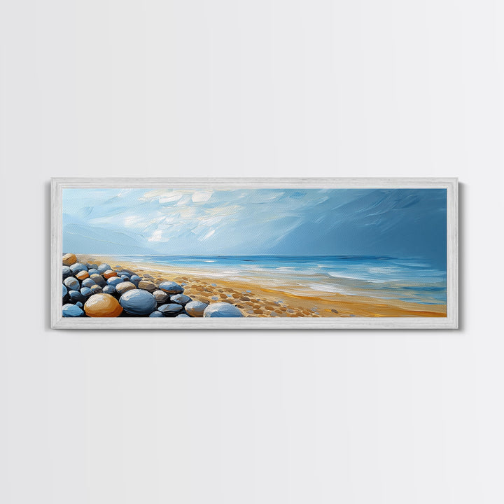 Pebble Beach Seascape Framed Canvas Print Coastal Landscape Wall Art, Serene Ocean Painting, Nautical Bathroom Decor, Minimalist Art