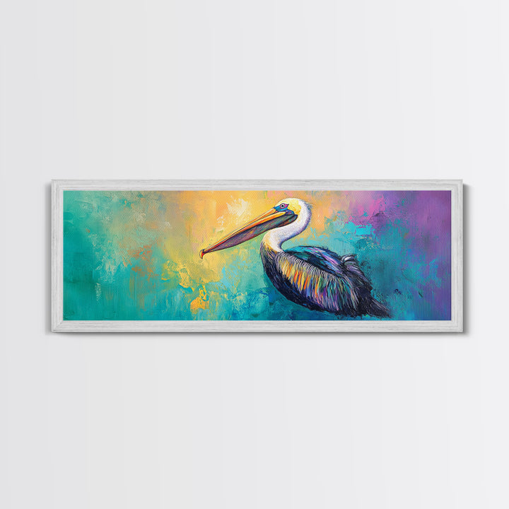 Pelican Abstract Framed Canvas Print Coastal Bird Wall Art, Vibrant Nautical Painting, Beach House Decor, Modern Wildlife Artwork