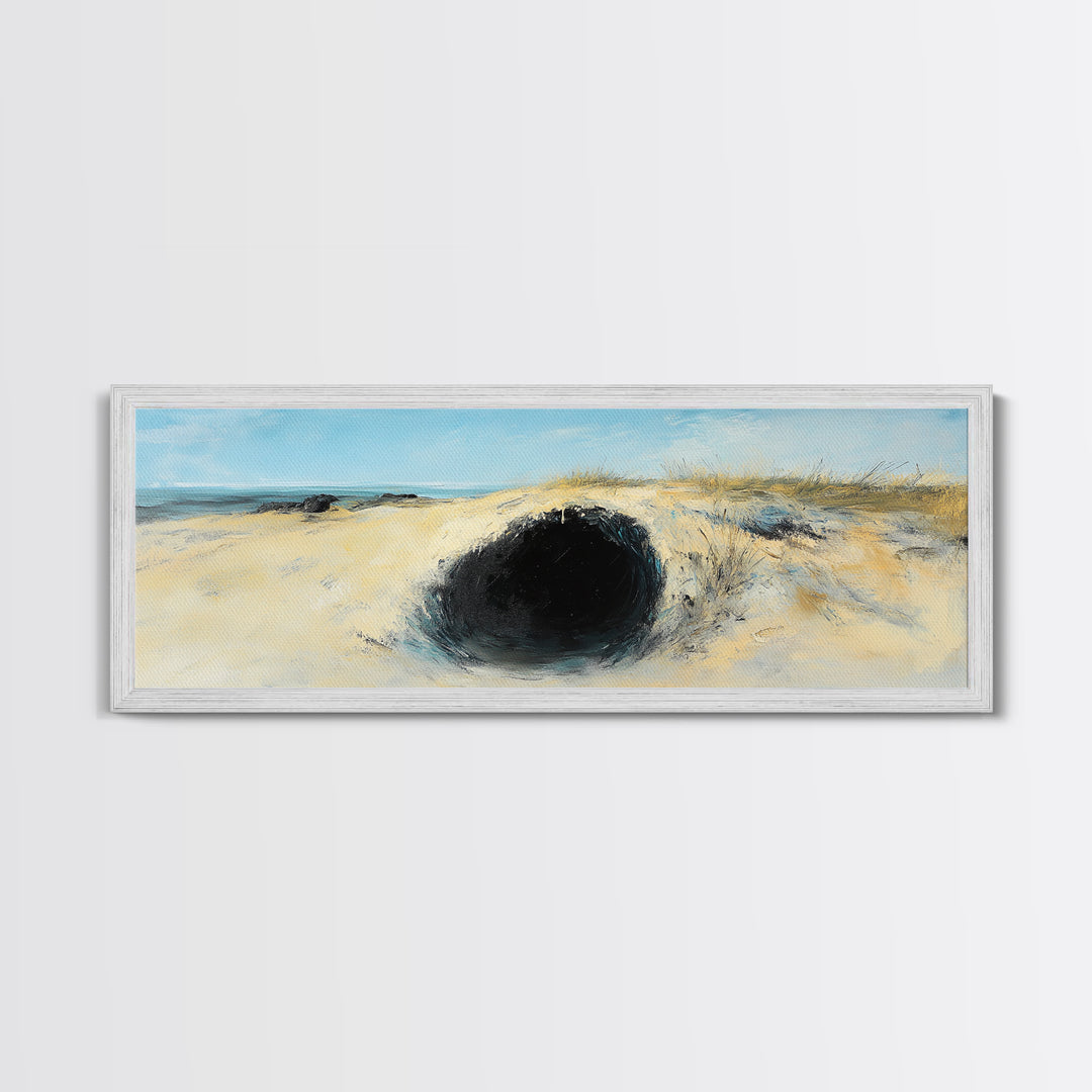 Desert Hole Mystery Framed Canvas Print - Surreal Sand Dune Painting, Minimalist Earthy Wall Art, Unique Living Space