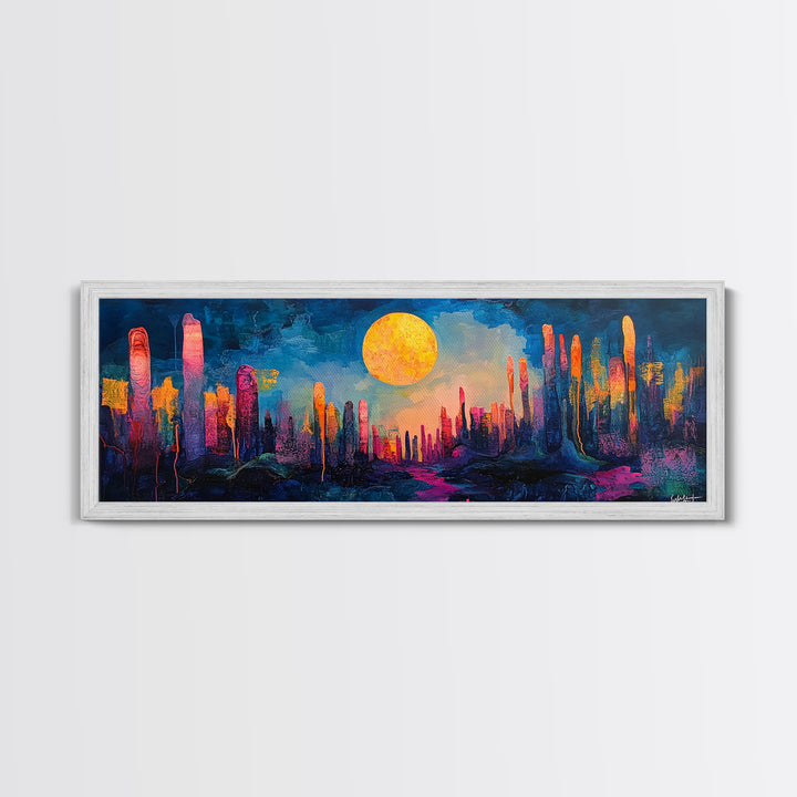 Neon Moon Fantasy Canvas Print - Vibrant Sci-Fi Cityscape Painting, Psychedelic Wall Art, Trippy Room Aesthetic, Urban Decor