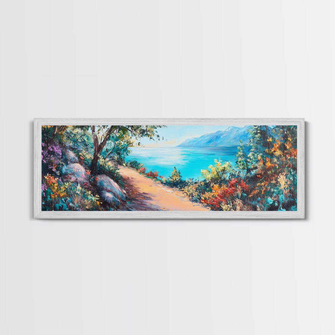 Coastal Pathway Painting Vibrant Beach Landscape Art Mediterranean Seaside Wall Decor Nature Artwork Living Room