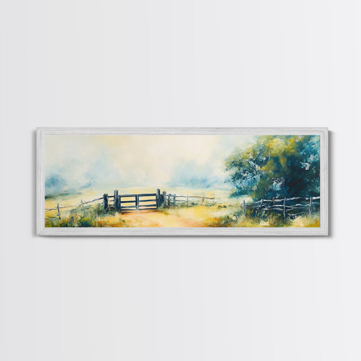 Country Gate Painting Rustic Farmhouse Landscape Art Tranquil Field Wall Decor Cozy Pastoral Artwork Entryway