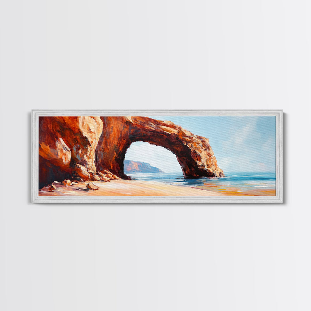 Natural Rock Arch Painting Coastal Cliff Seascape Wall Art Earthy Ocean Landscape Artwork Canvas Print Beach House Decor