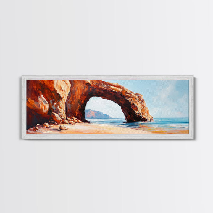 Natural Rock Arch Painting Coastal Cliff Seascape Wall Art Earthy Ocean Landscape Artwork Canvas Print Beach House Decor