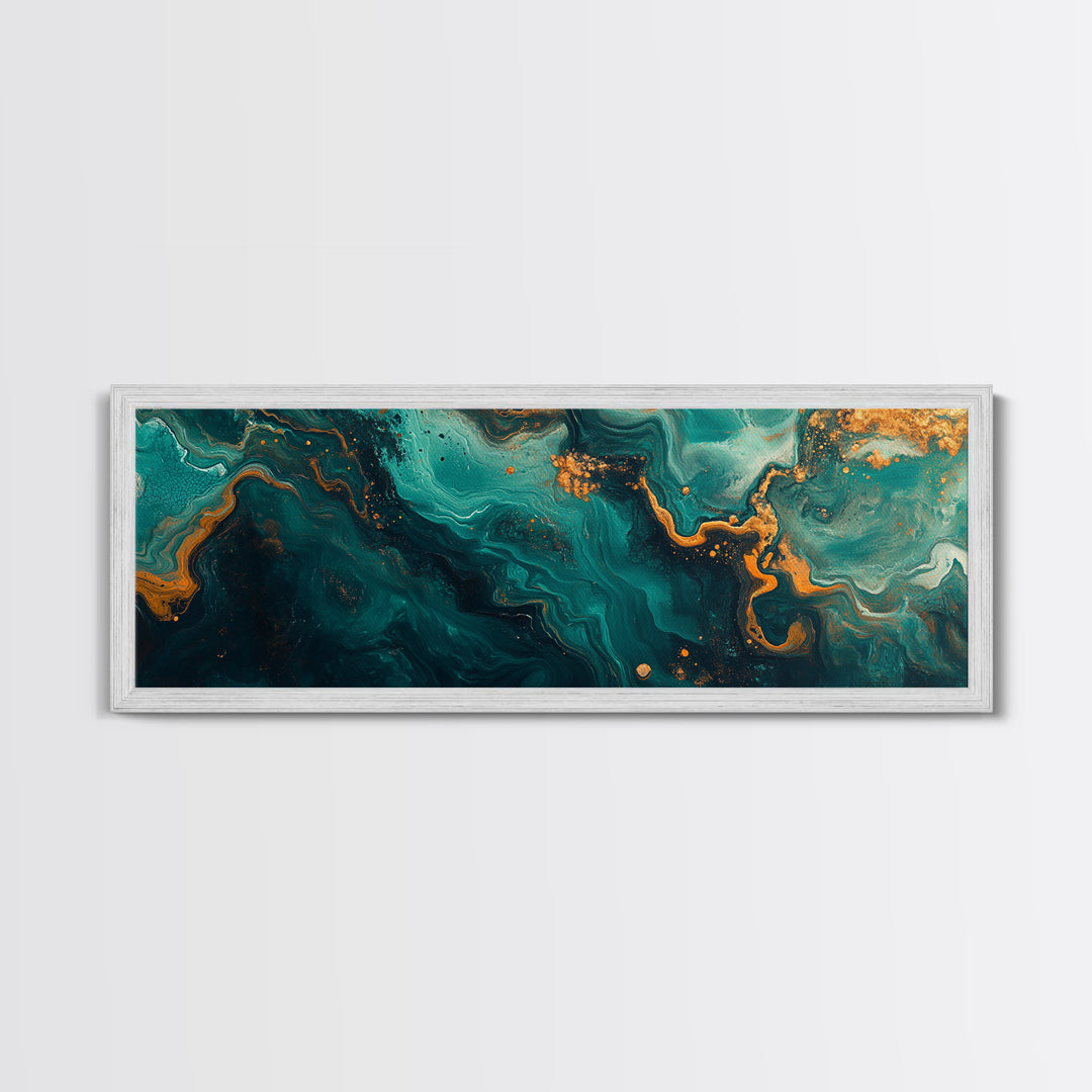 Abstract Fluid Painting Turquoise and Gold Swirl Wall Art Marble Aesthetic Artwork Luxury Modern Decor Dining Room