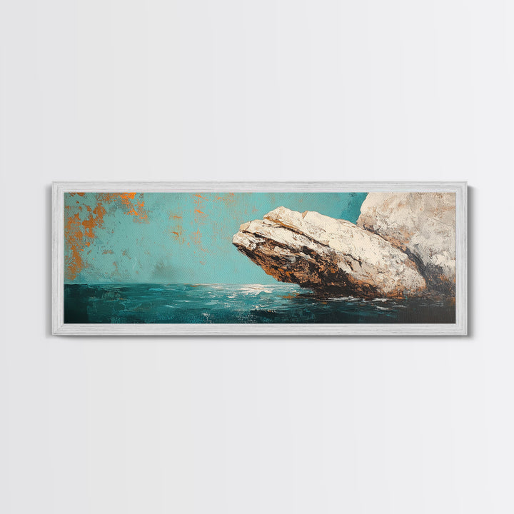 Coastal Rock Formation Framed Canvas Print, Ocean Cliff Painting, Nautical Wall Art, Beach House Decor, Textured Landscape Artwork