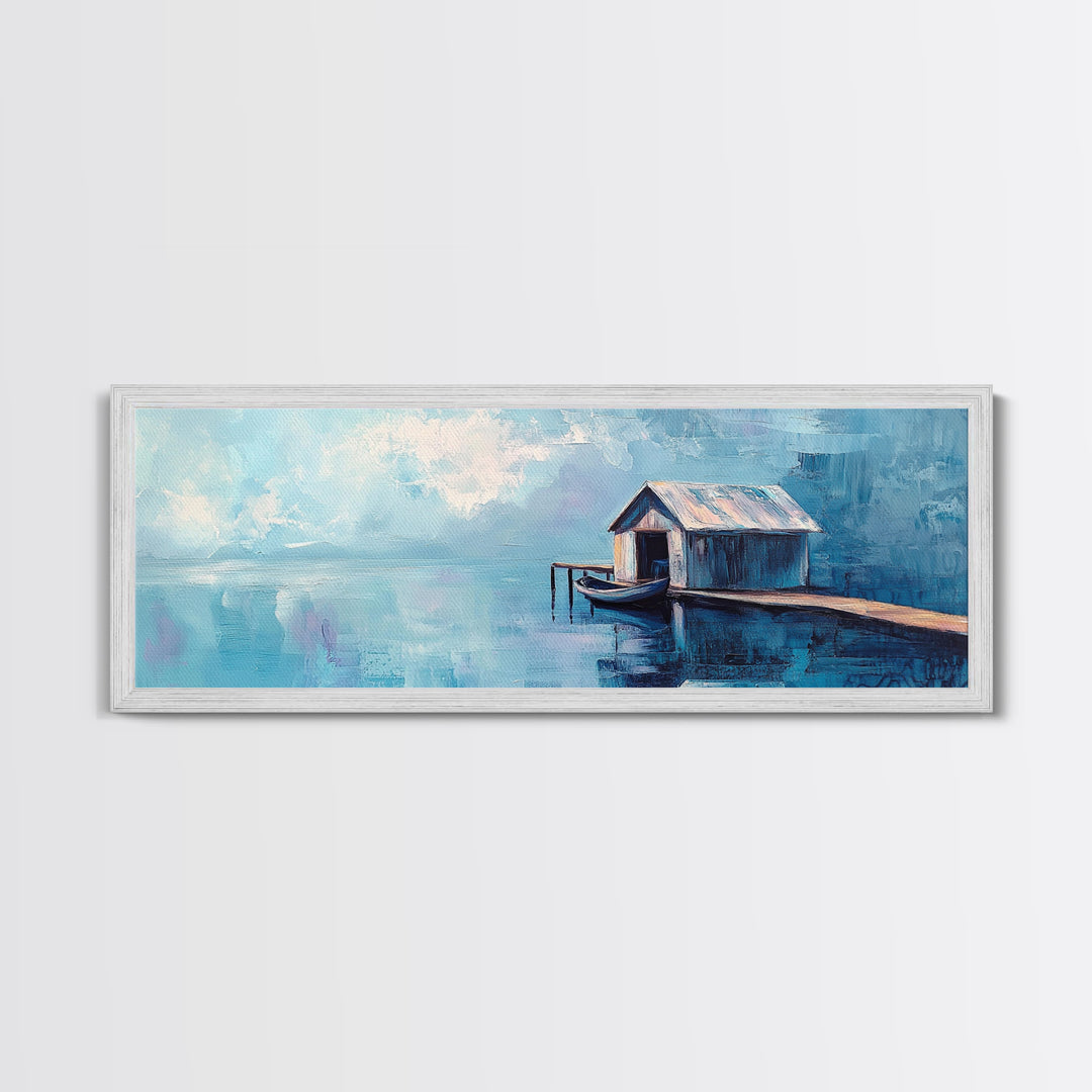 Blue Boathouse Canvas Print Tranquil Lake Scene Wall Art Nautical Cabin Decor Coastal Painting Minimalist Blue Wall Art Living Room
