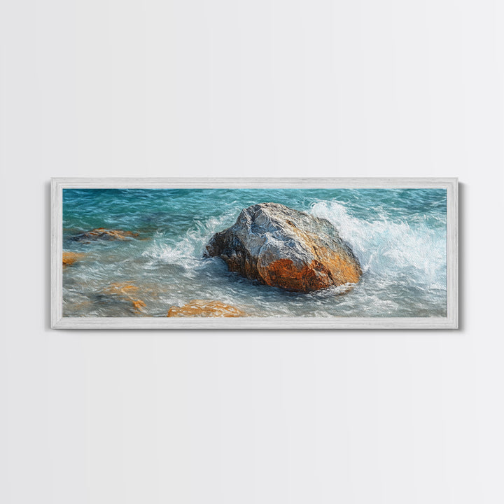 Ocean Rock Waves Framed Canvas Print Coastal Nature Wall Art, Beach Landscape Painting, Rustic Seascape Decor, Home Accent