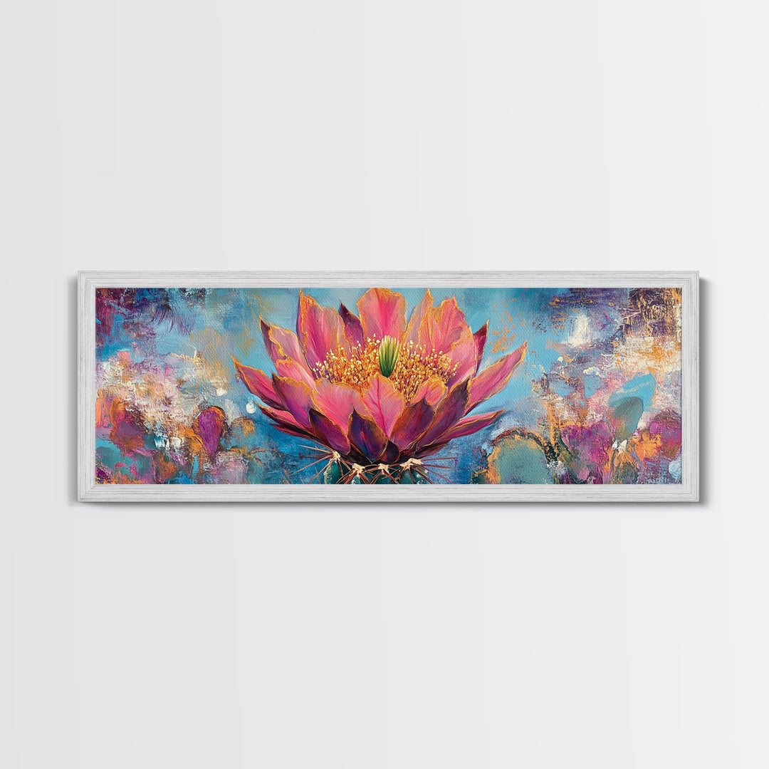Blooming Cactus Art Framed Canvas Print Boho Floral Wall Art Desert Home Decor Vibrant Succulent Painting Southwestern Gift