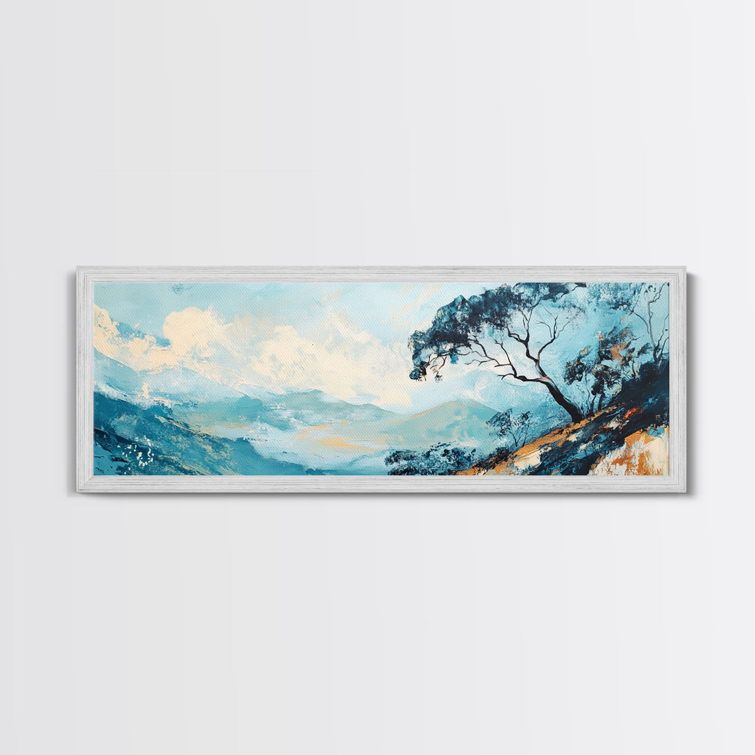 Blue Mountains, Windswept Tree, Minimalist Wall Art, Canvas Print, Modern Landscape, Bedroom Decor, Serene Nature Painting, Abstract Art
