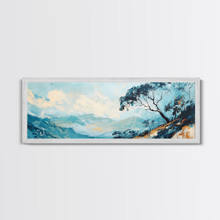 Blue Mountains, Windswept Tree, Minimalist Wall Art, Canvas Print, Modern Landscape, Bedroom Decor, Serene Nature Painting, Abstract Art