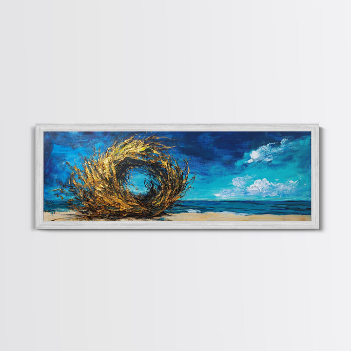 Ocean Swirl, Golden Waves, Abstract Beach Art, Framed Canvas Print, Modern Coastal Decor, Statement Wall Art, Ocean Vortex, Vibrant Blue