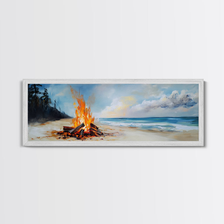 Beach Bonfire Glow Framed Canvas Print Coastal Sunset Wall Art Ocean Retreat Decor Vibrant Campfire Painting Summer Gift
