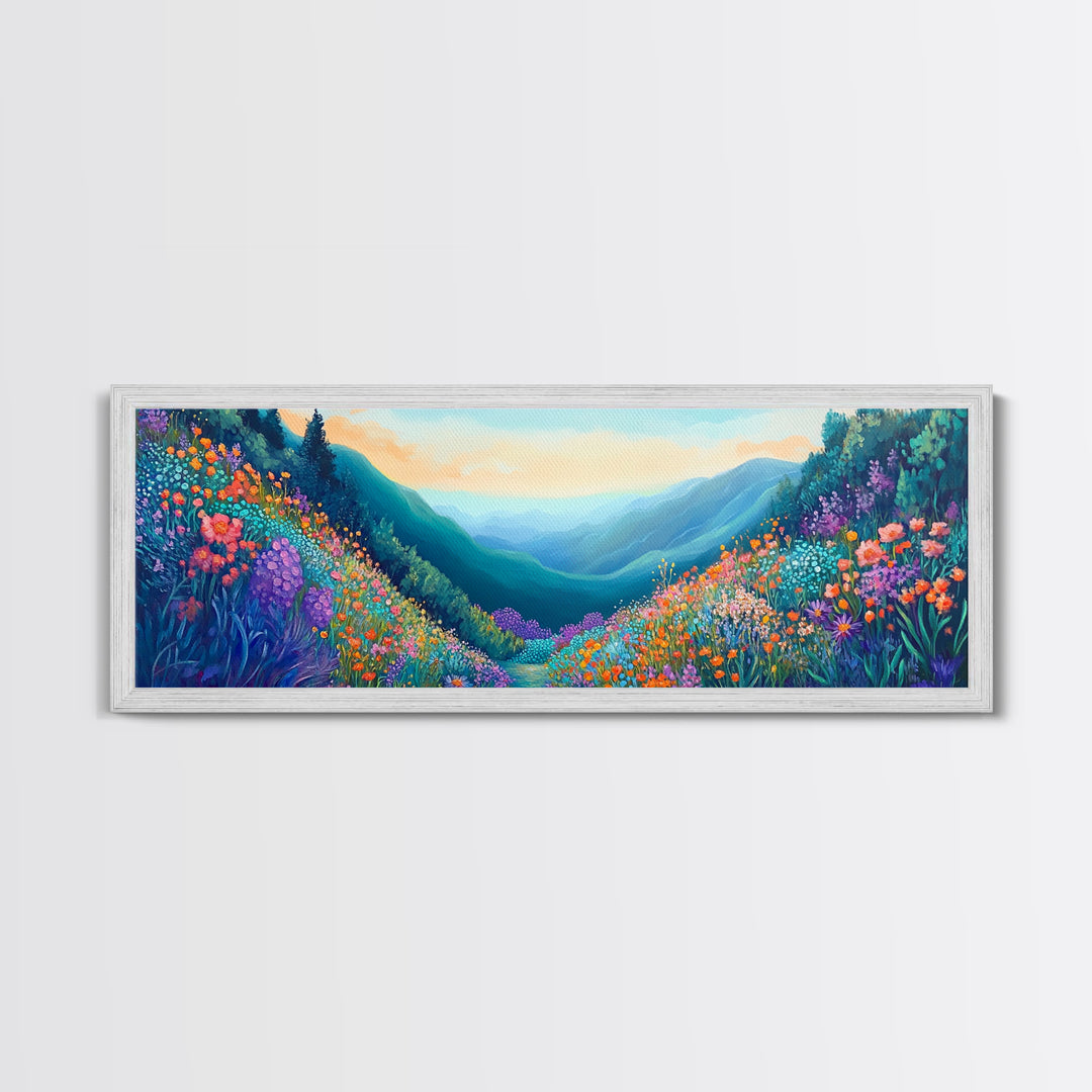 Mountain Wildflowers, Vibrant Landscape Art, Nature Painting, Cabin Wall Decor, Springtime Art, Living Room Print, Canvas Print