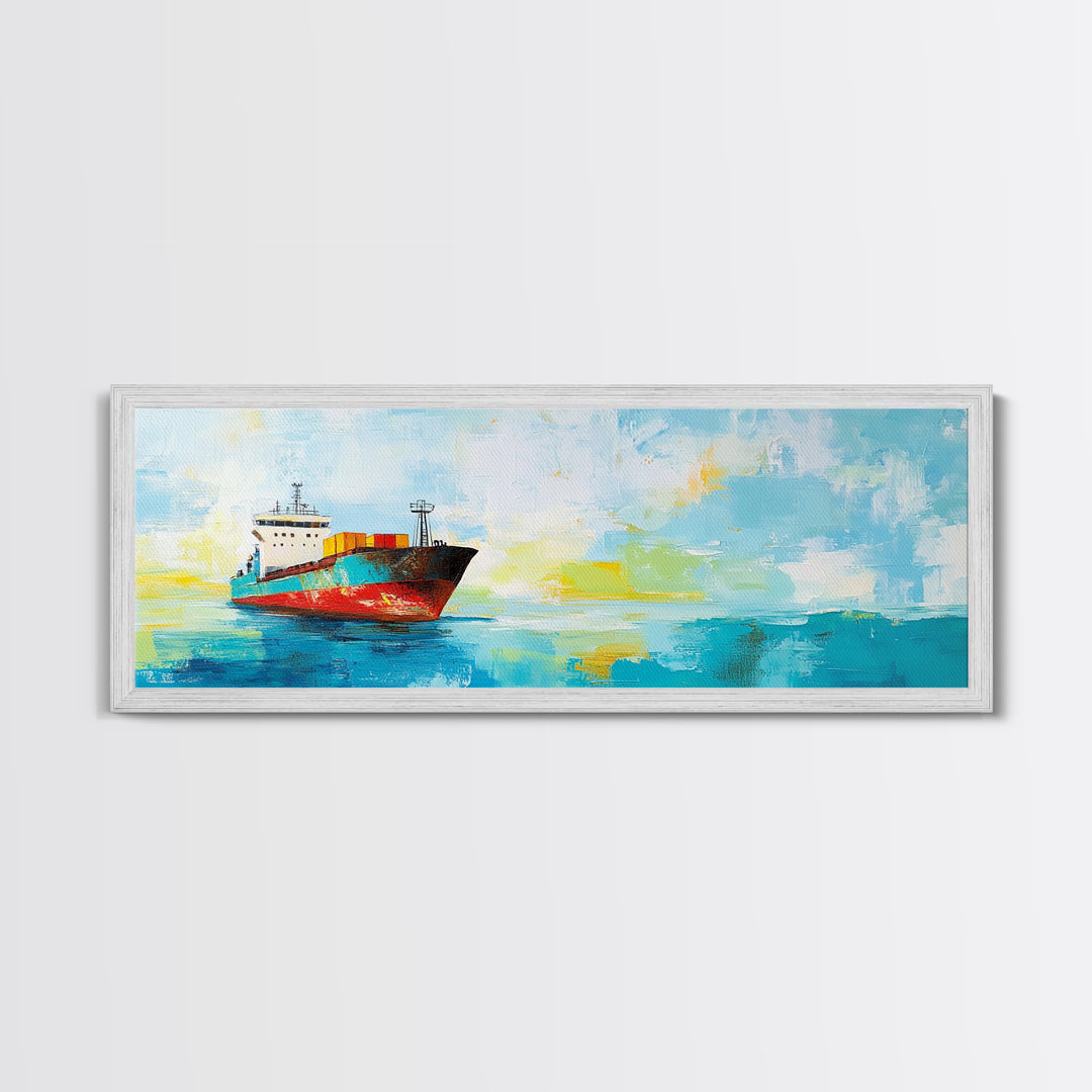 Cargo Ship Ocean Framed Canvas Print Nautical Wall Art, Maritime Decor, Industrial Seascape Painting, Coastal Living Room Artwork