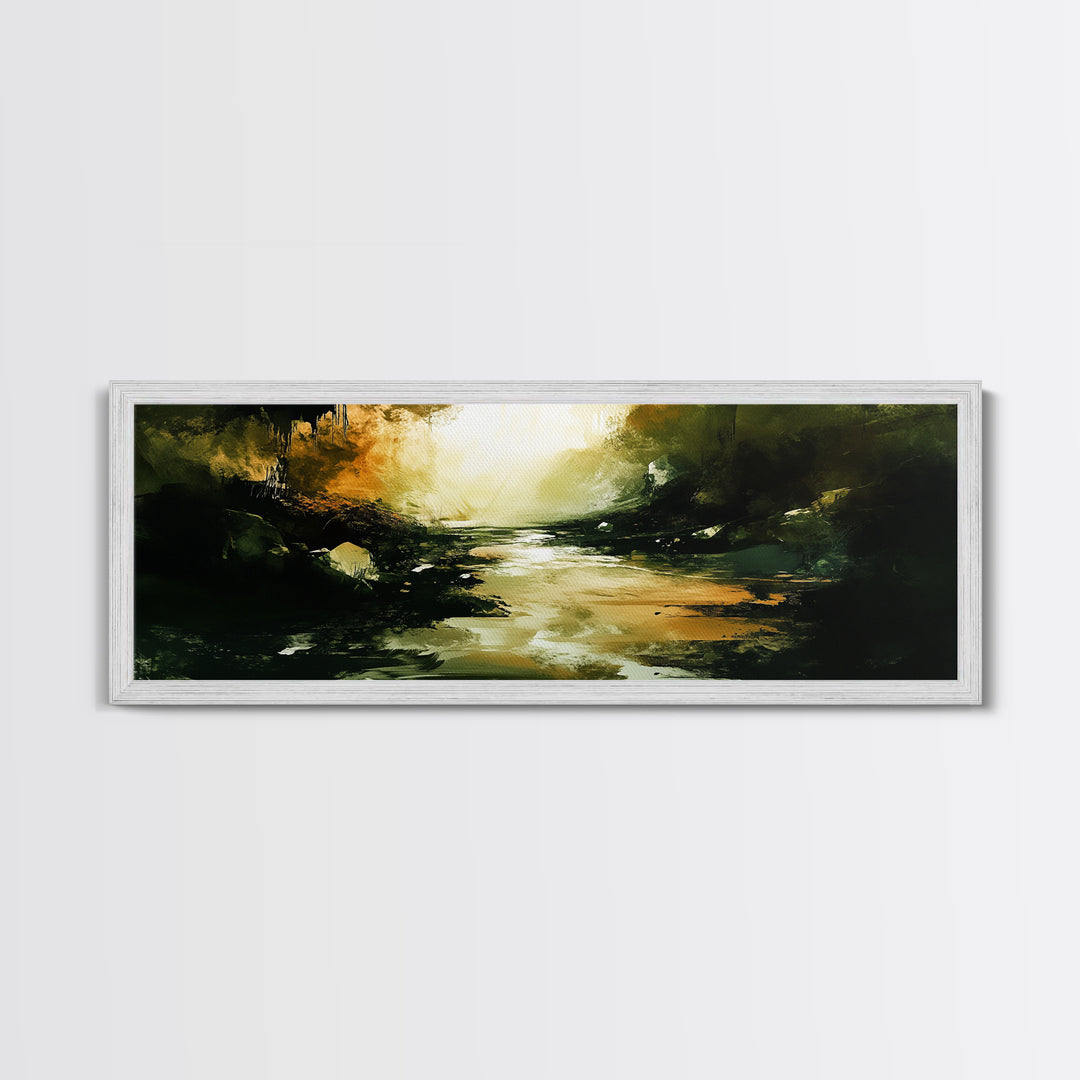 Dark Fantasy River Painting, Moody Abstract Landscape, Green and Gold Mystical Wall Art, Mysterious Hallway Decor, Framed Canvas Print