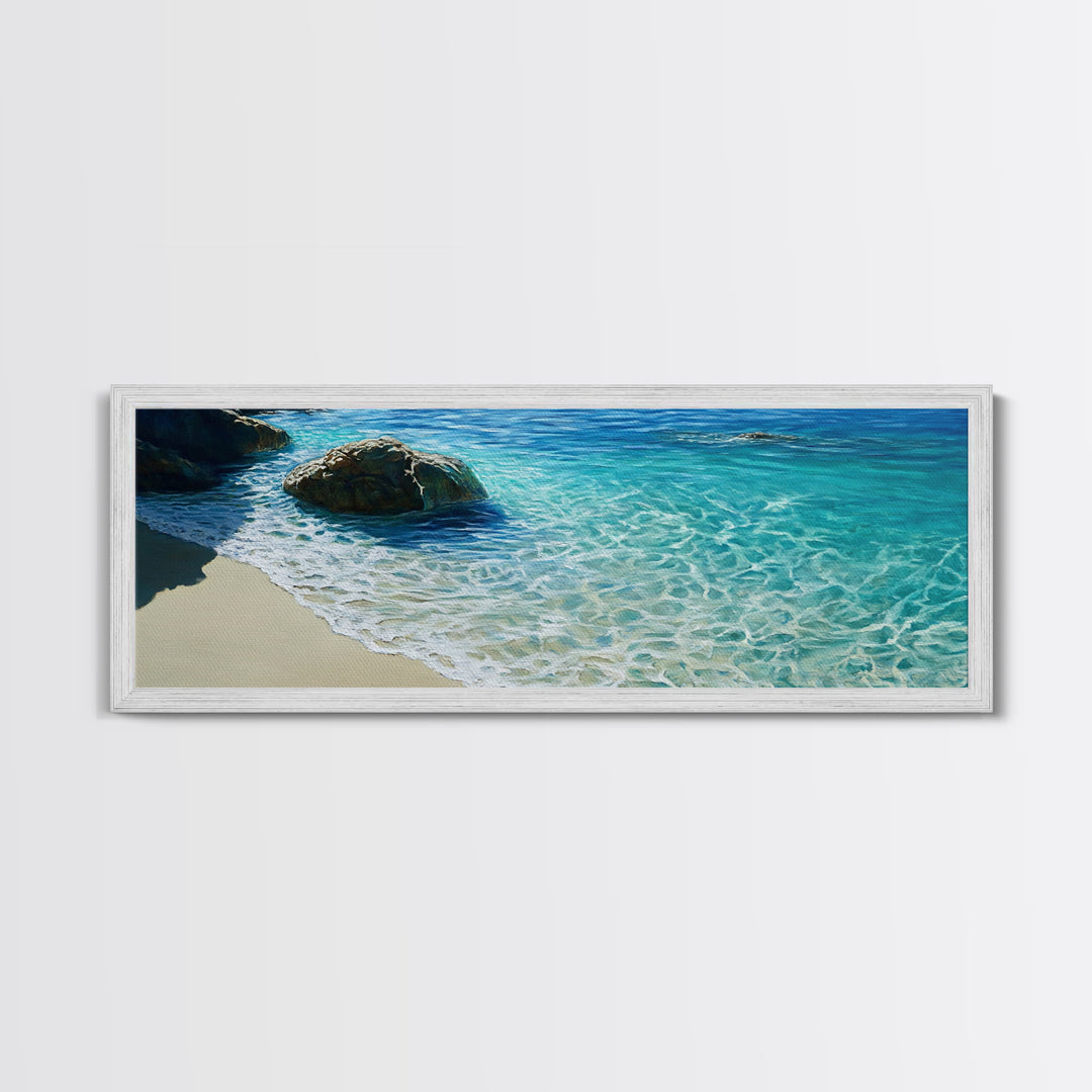 Ocean Shoreline Framed Canvas Print Coastal Beach Wall Art, Large Seascape Painting, Blue Sea Waves, Nautical Art, Bedroom Decor