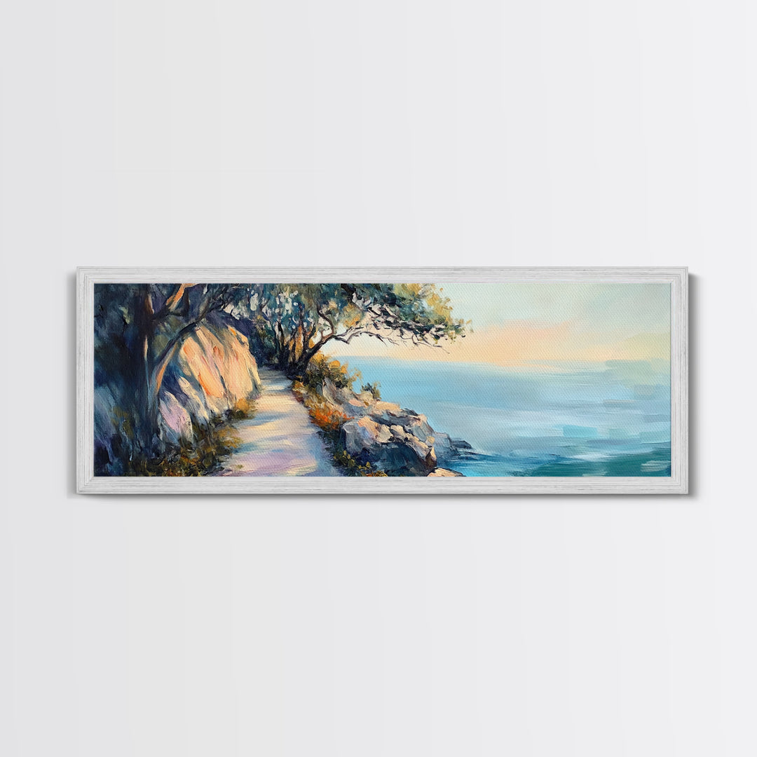 Coastal Cliff Walk Framed Canvas Print Serene Beach Pathway Painting, Sunset Seaside Art, Nature Landscape, Relaxing Home Wall Decor