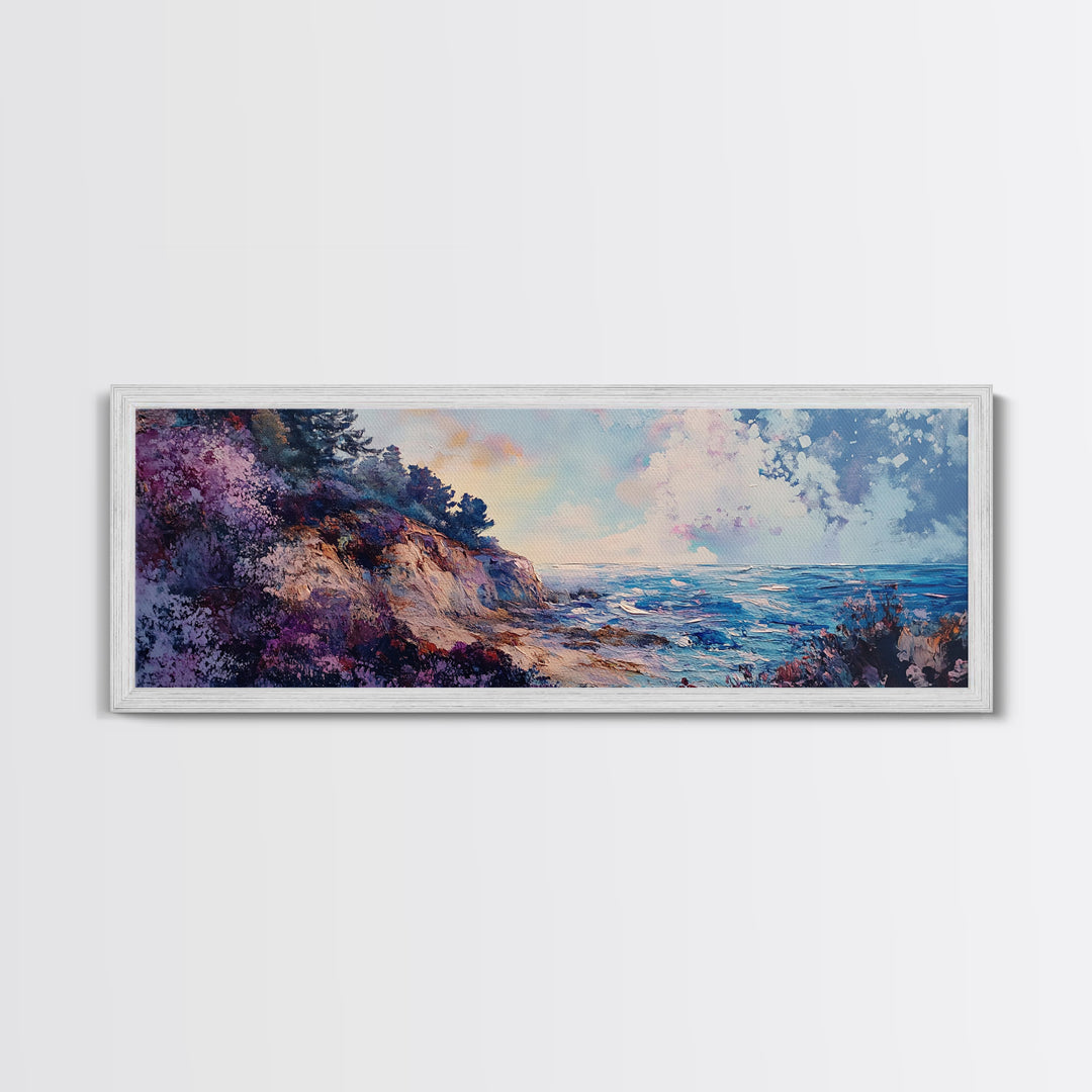 Rocky Shoreline Framed Canvas Print Vibrant Coastal Wall Art, Textured Ocean Scene, Sunset Beach Painting, Modern Boho Decor